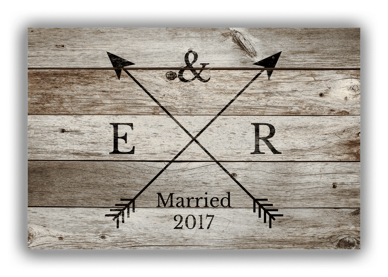 Personalized Wood Grain Canvas Wrap & Photo Print - Black Arrows - Couples Initials with Wedding Year - Old Grey Wood - Front View