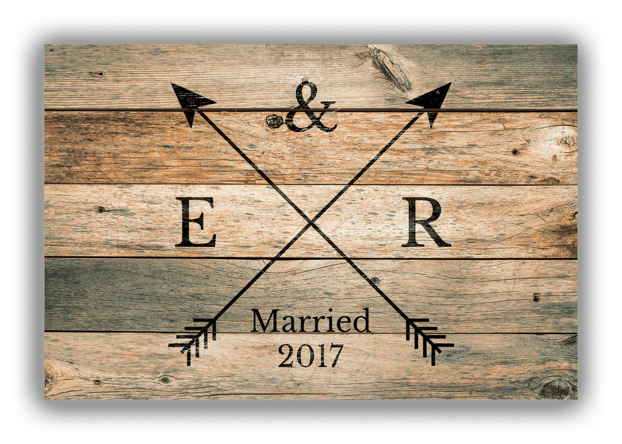 Personalized Wood Grain Canvas Wrap & Photo Print - Black Arrows - Couples Initials with Wedding Year - Patina Wood - Front View