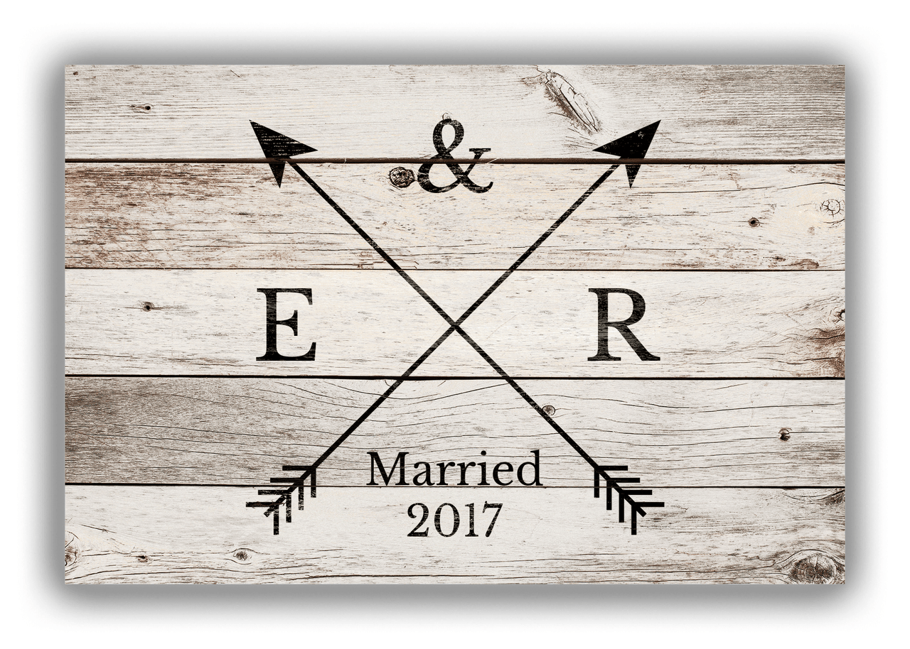 Personalized Wood Grain Canvas Wrap & Photo Print - Black Arrows - Couples Initials with Wedding Year - Whitewash Wood - Front View