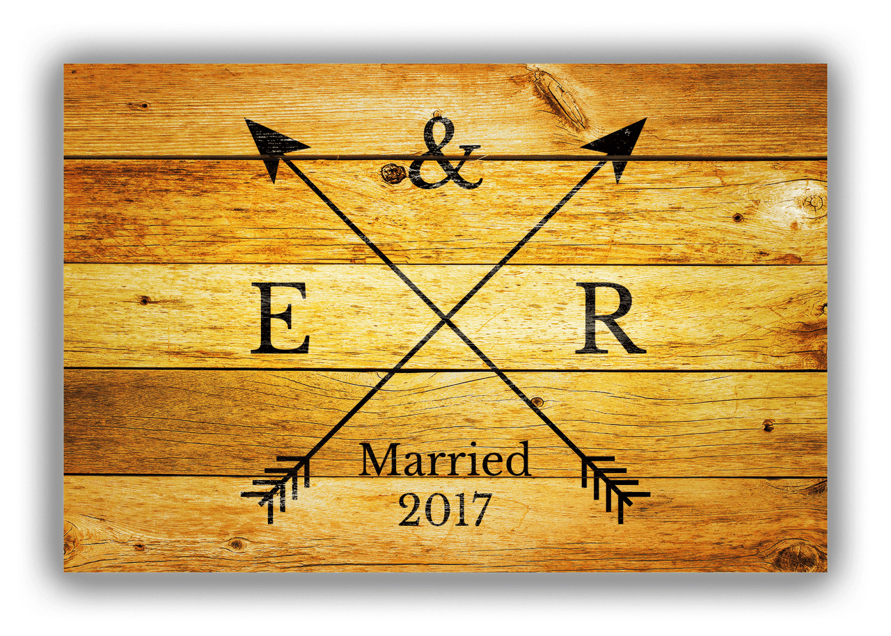 Personalized Wood Grain Canvas Wrap & Photo Print - Black Arrows - Couples Initials with Wedding Year - Sun Burst Wood - Front View