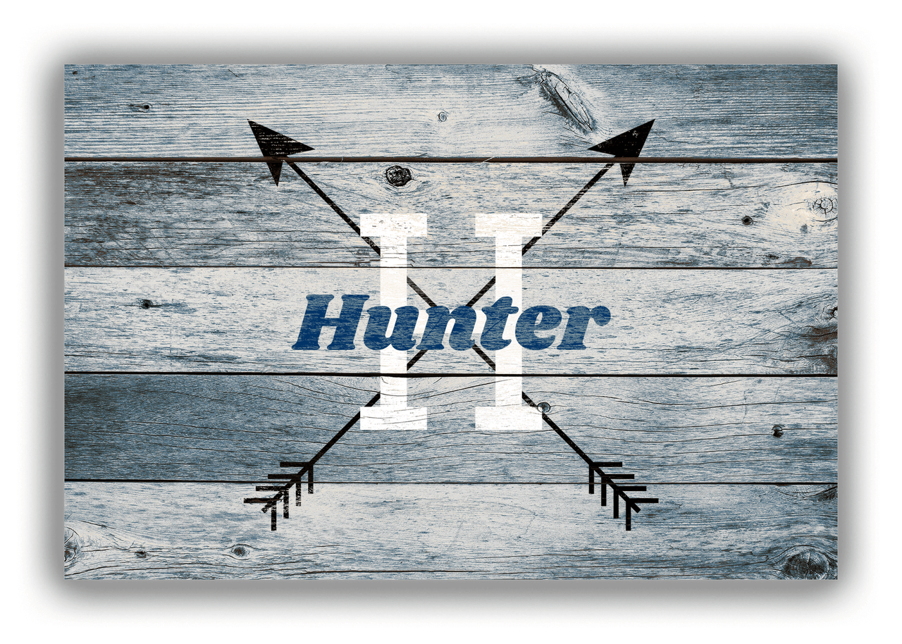 Personalized Wood Grain Canvas Wrap & Photo Print - Black Arrows - Name Over Initial - Blue Wash Wood - Front View
