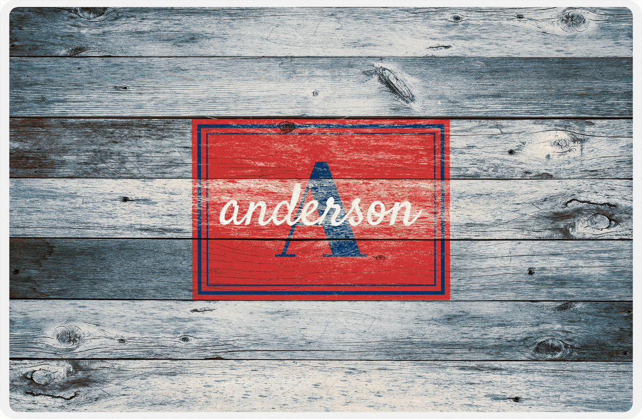 Personalized Wood Grain Placemat - Name Over Initial - Bluewash Wood - Rectangle Nameplate -  View