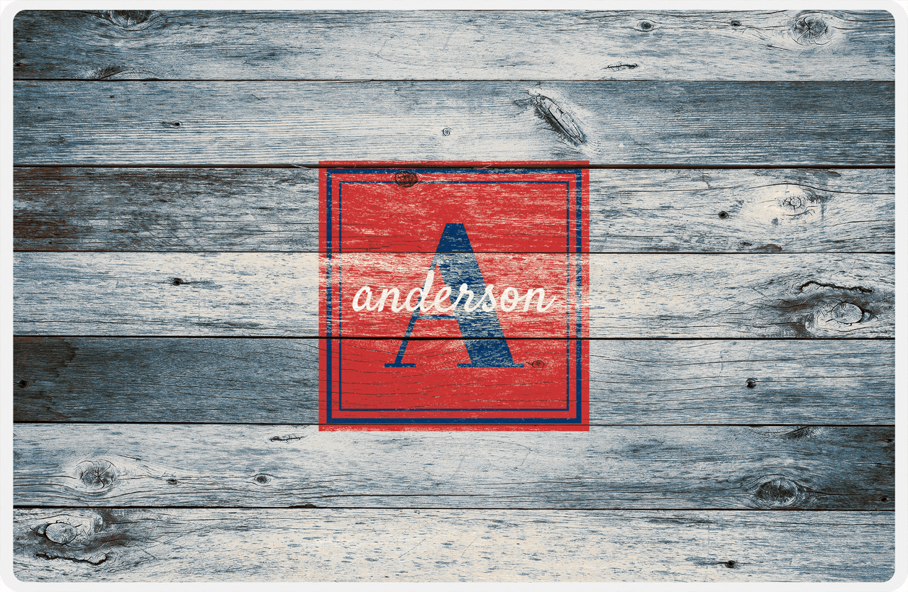 Personalized Wood Grain Placemat - Name Over Initial - Bluewash Wood - Square Nameplate -  View