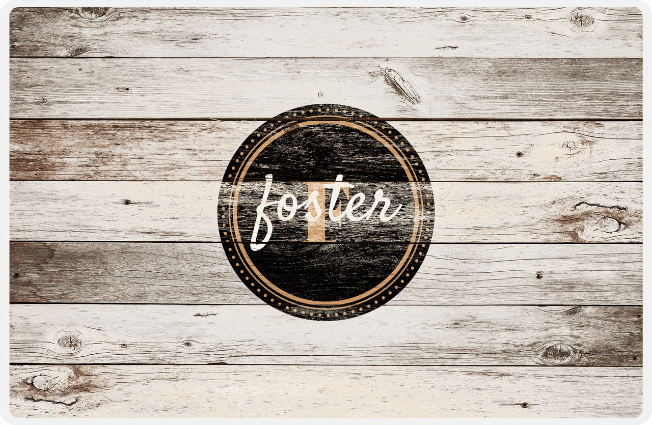 Personalized Wood Grain Placemat - Name Over Initial - Whitewash Wood - Circle Nameplate -  View