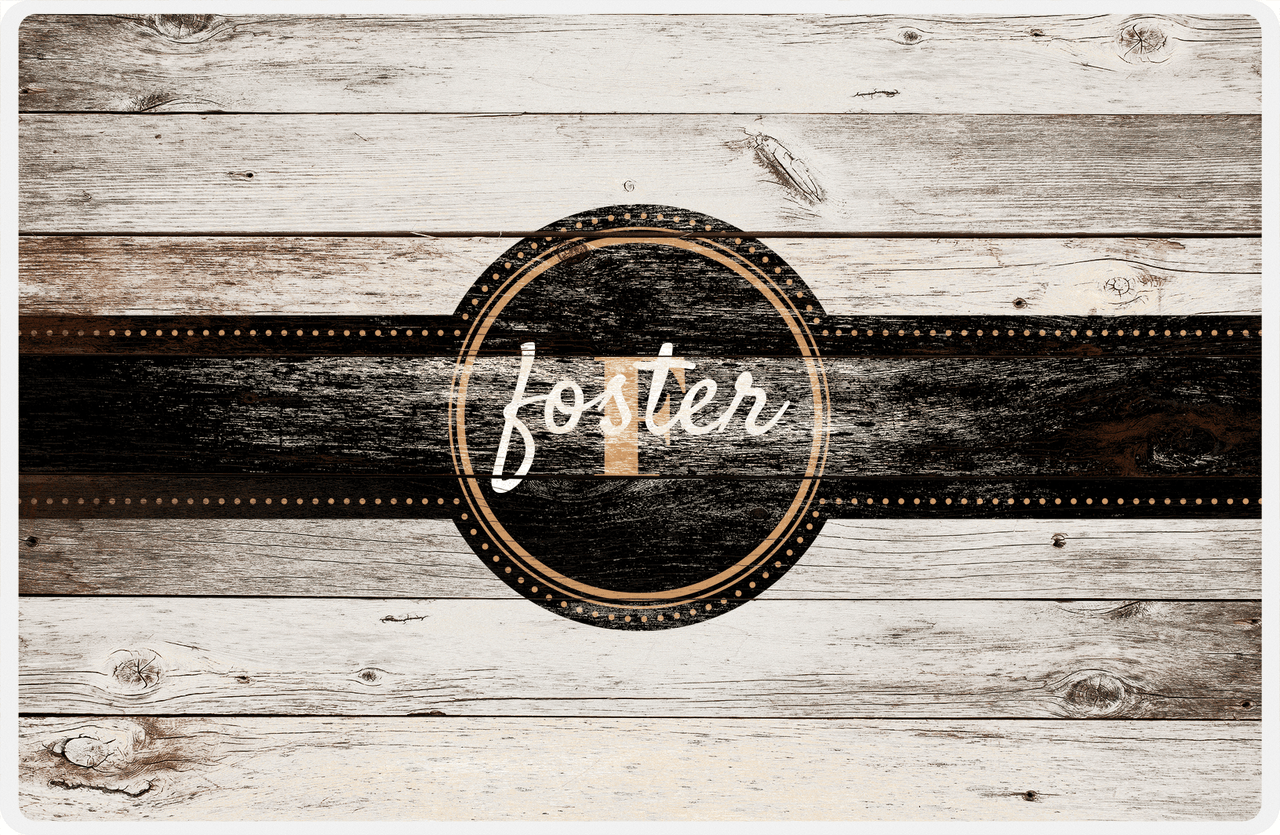 Personalized Wood Grain Placemat - Name Over Initial - Whitewash Wood - Circle Ribbon Nameplate -  View