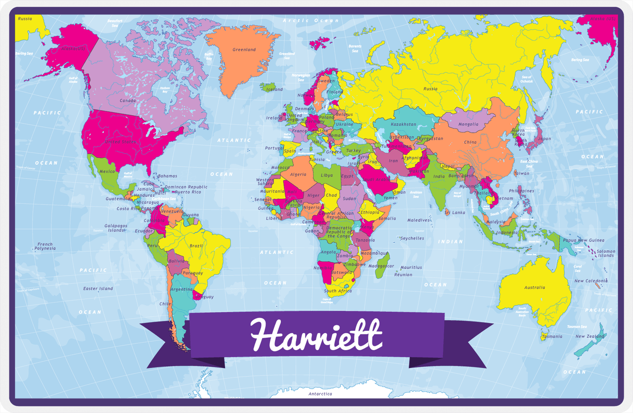Personalized World Map Placemat I - Blue Background -  View