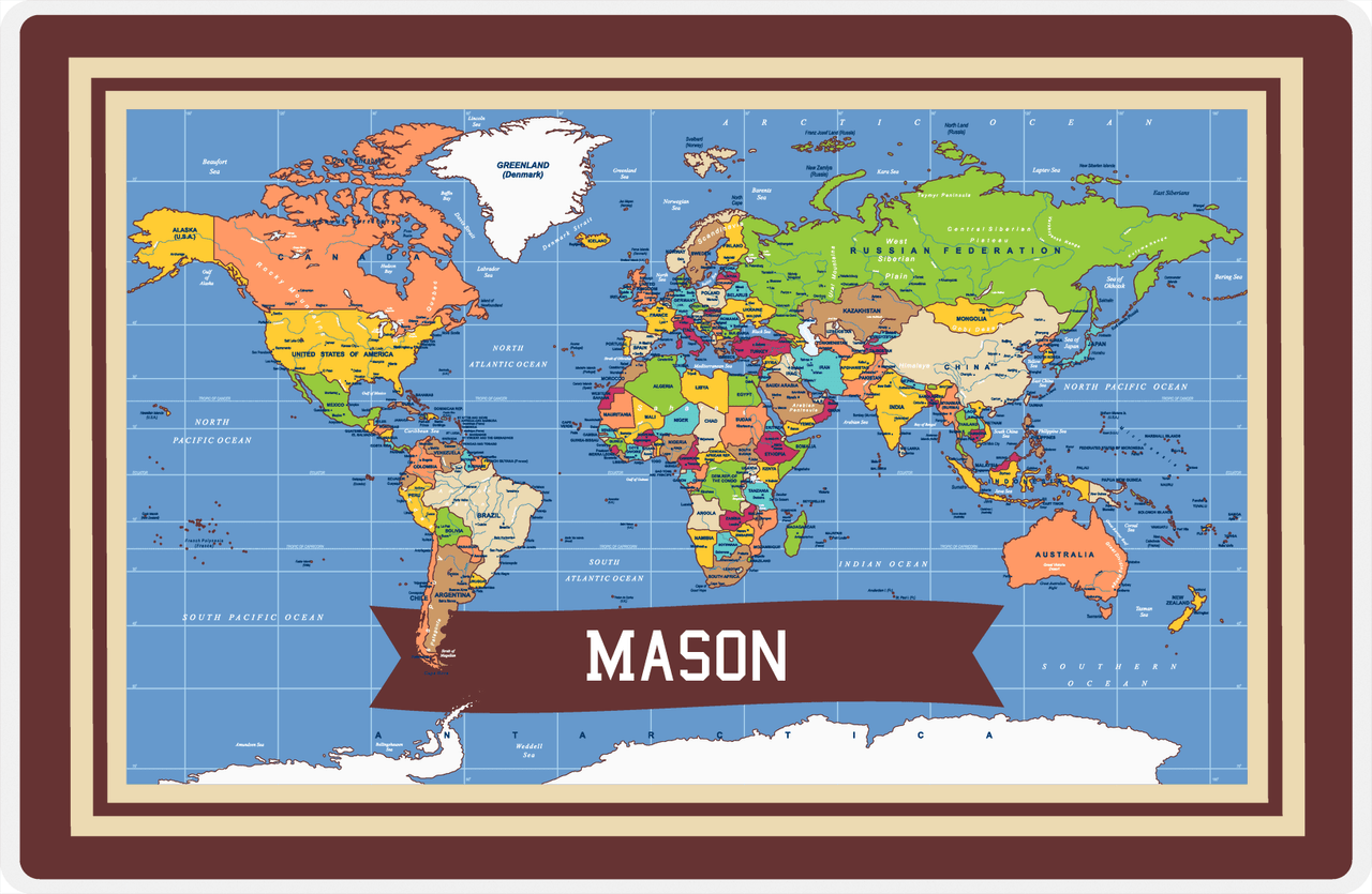 Personalized World Map Placemat V - Blue Background -  View