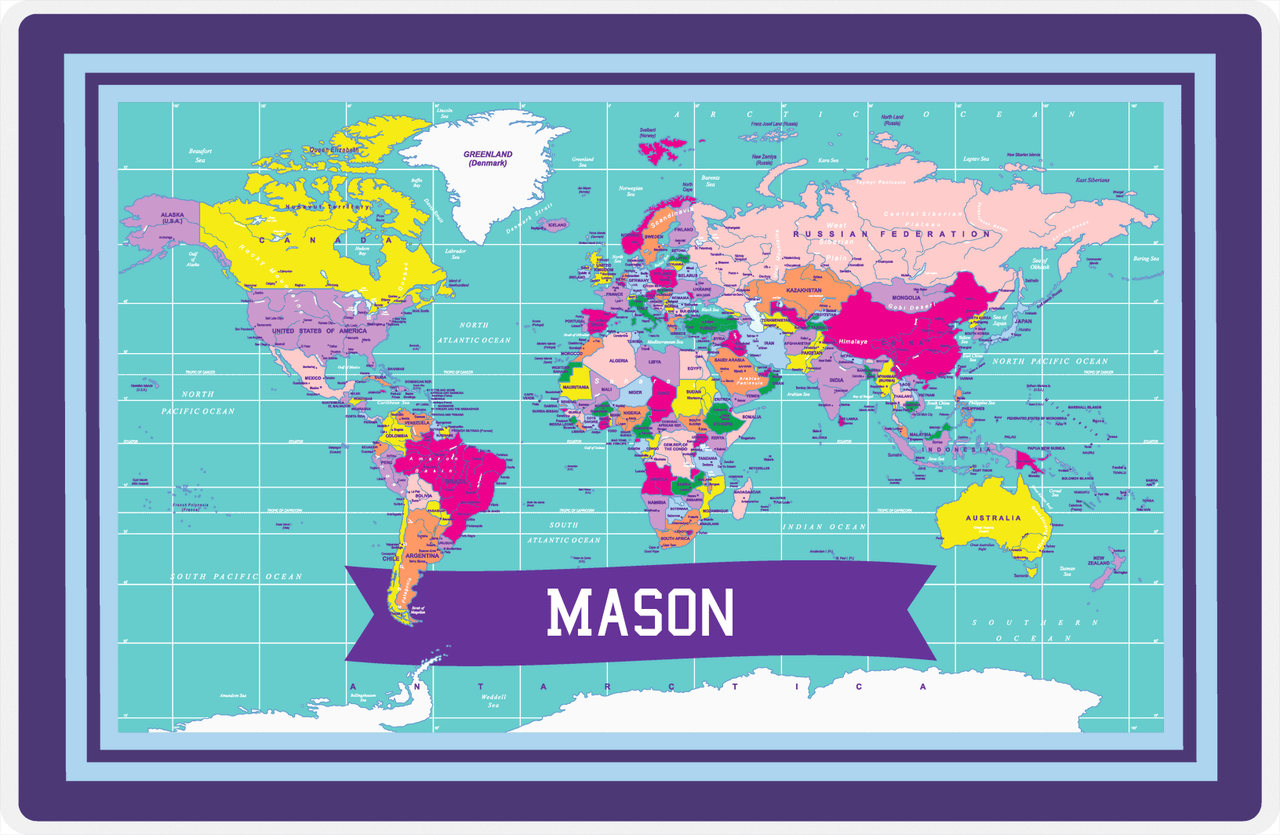 Personalized World Map Placemat V - Teal Background -  View