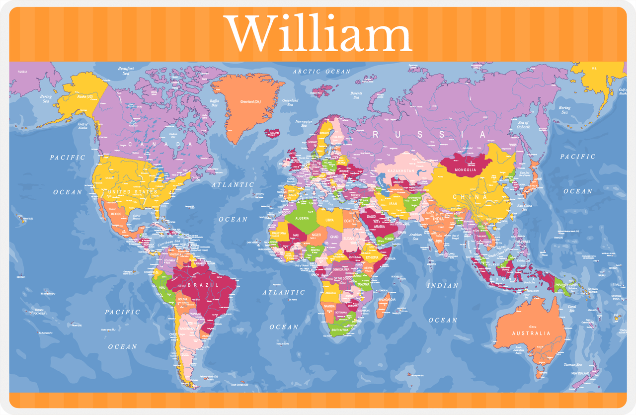 Personalized World Map Placemat VI - Blue Background -  View