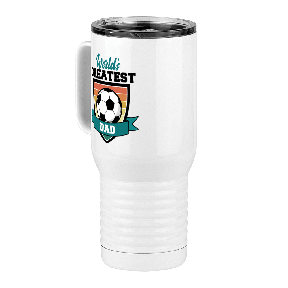 World's Greatest Dad Travel Coffee Mug Tumbler with Handle (20 oz) - Soccer - Front Left View