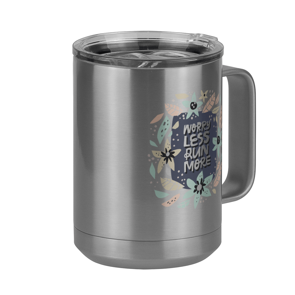 Worry Less Run More Floral Coffee Mug Tumbler with Handle (15 oz) - Front Right View