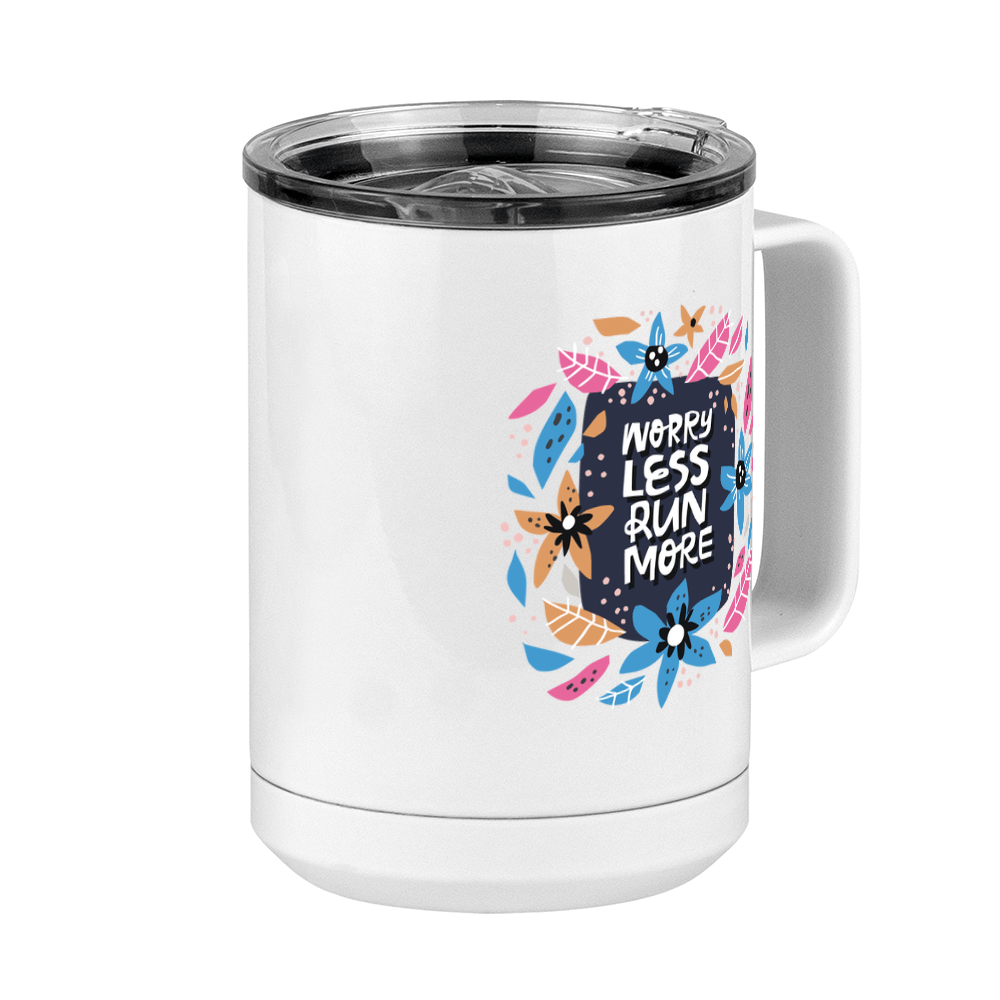 Worry Less Run More Floral Coffee Mug Tumbler with Handle (15 oz) - Front Right View